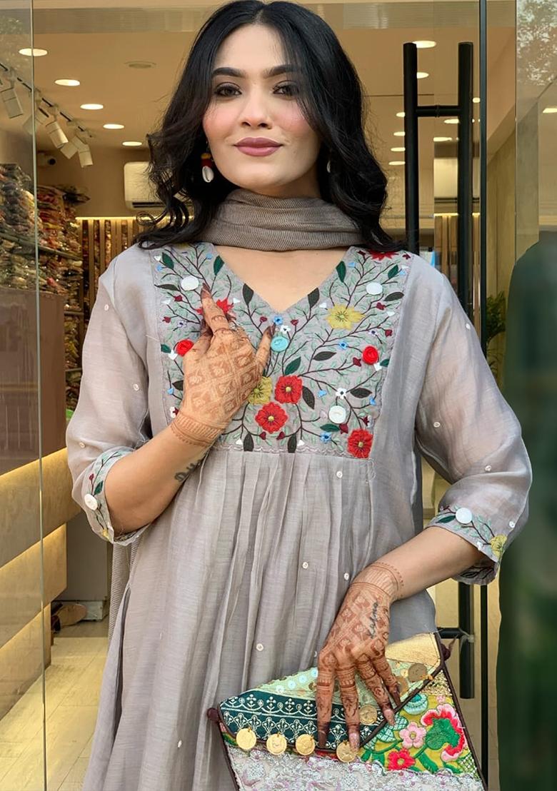 Grey Thread Work Viscose Salwar Kameez With Dupatta