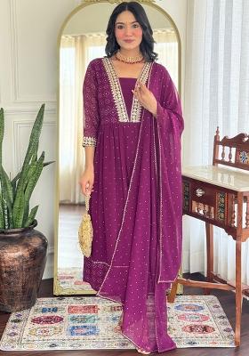 Wine Thread Work Georgette Salwar Kameez With Dupatta