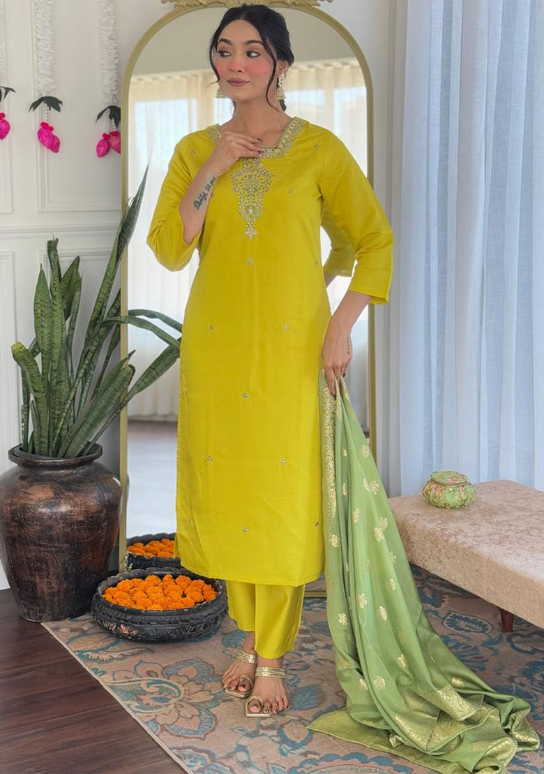 Lemon Green Thread Work Chanderi Salwar Kameez With Dupatta