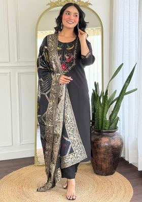Black Thread Work Silk  Salwar Kameez With Dupatta