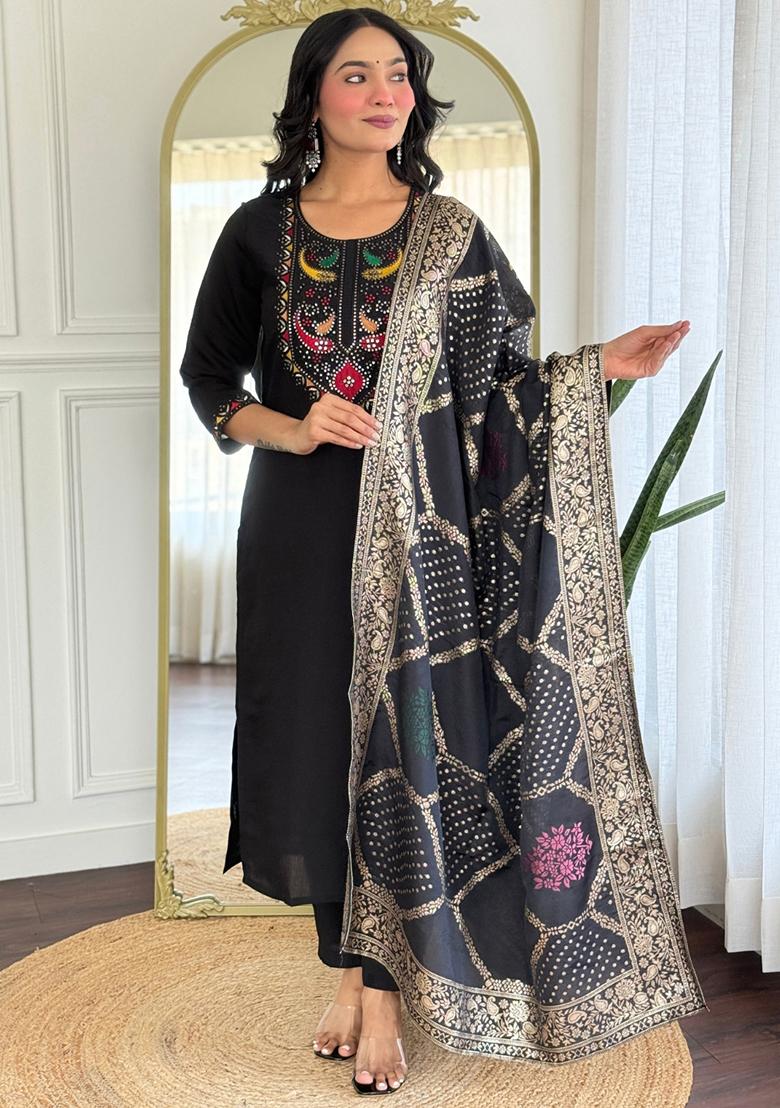 Black Thread Work Silk  Salwar Kameez With Dupatta
