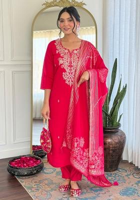 Rani Pink Thread Work Silk  Salwar Kameez With Dupatta