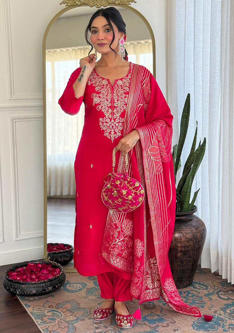 Rani Pink Thread Work Silk  Salwar Kameez With Dupatta