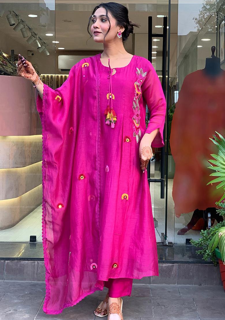 Rani Pink Thread Work Chanderi Salwar Kameez With Dupatta
