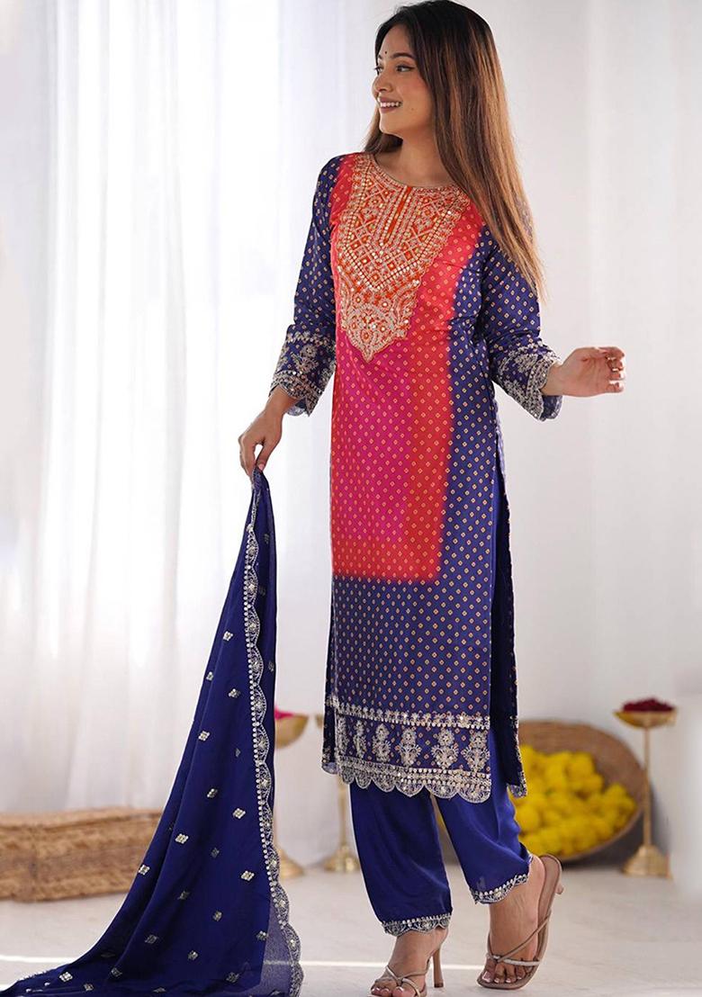 Blue Thread Work Poly Blend Salwar Kameez With Dupatta