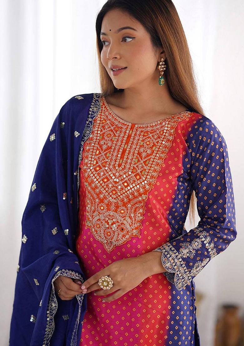 Blue Thread Work Poly Blend Salwar Kameez With Dupatta