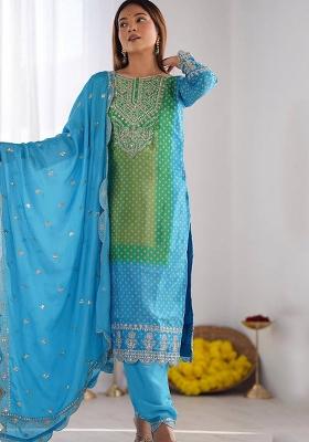 Aqua Blue Thread Work Poly Blend Salwar Kameez With Dupatta