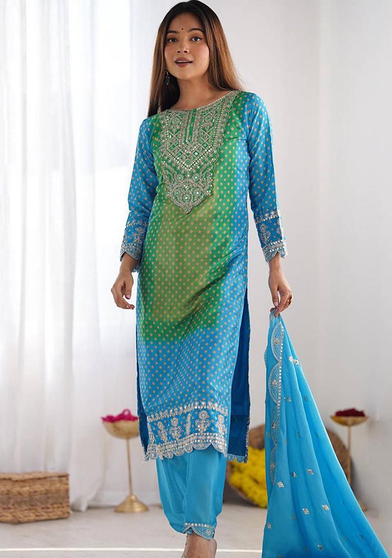 Aqua Blue Thread Work Poly Blend Salwar Kameez With Dupatta