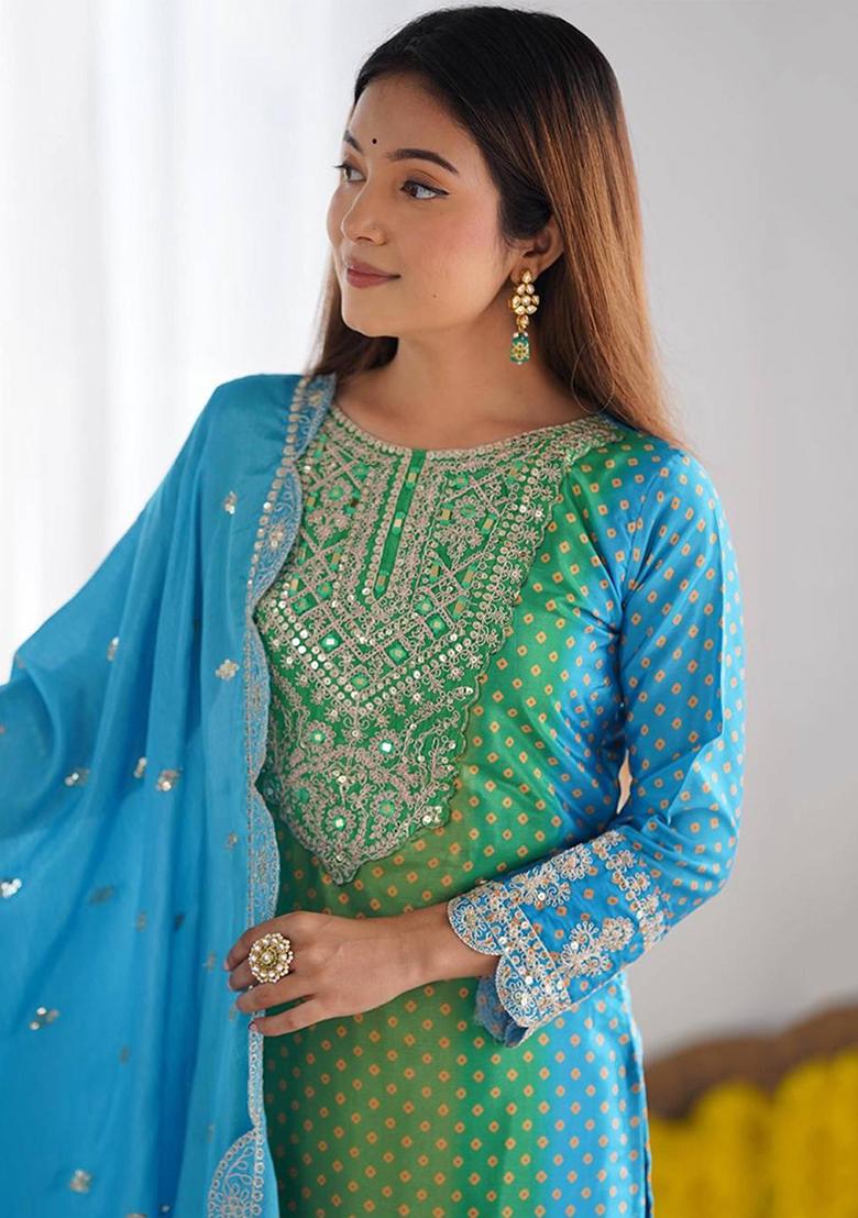 Aqua Blue Thread Work Poly Blend Salwar Kameez With Dupatta