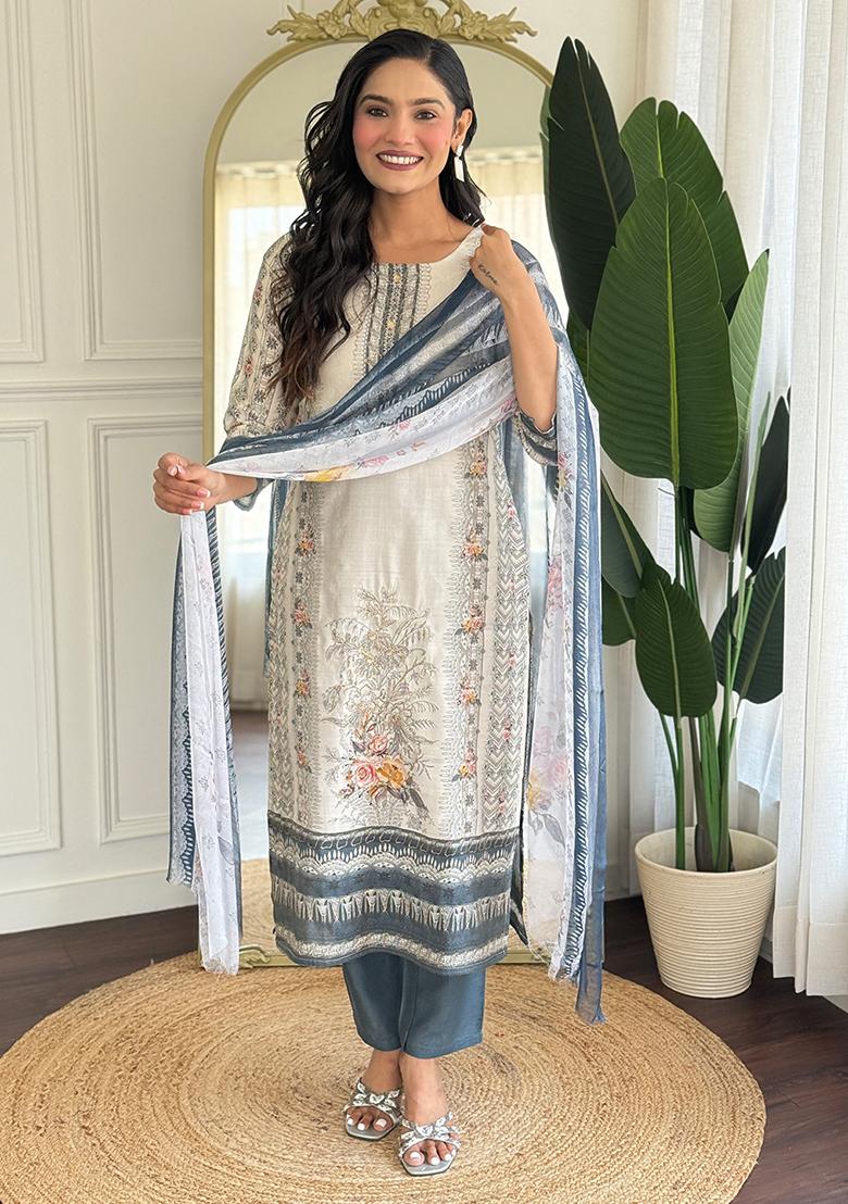Off White Thread Work Viscose Salwar Kameez With Dupatta