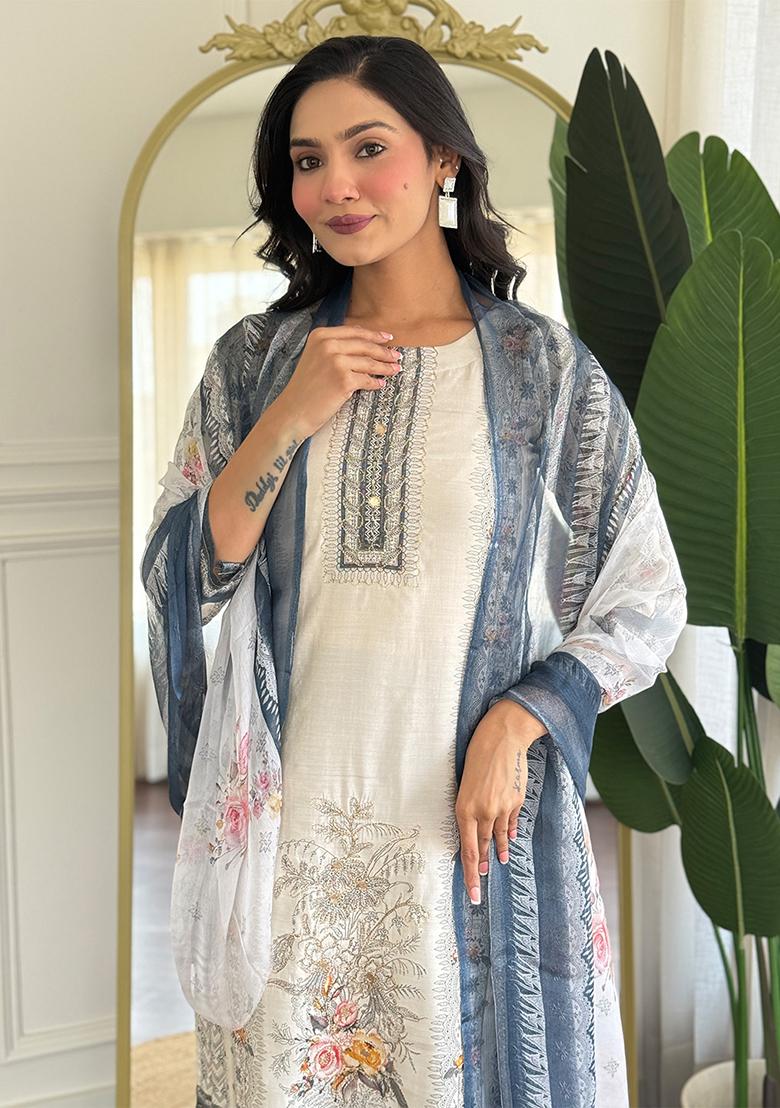 Off White Thread Work Viscose Salwar Kameez With Dupatta