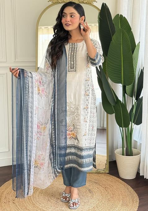 Off White Thread Work Viscose Salwar Kameez With Dupatta