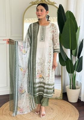 Off White Thread Work Viscose Salwar Kameez With Dupatta