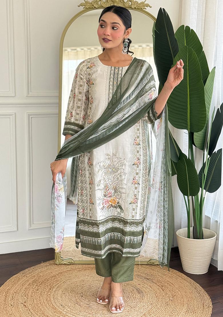 Off White Thread Work Viscose Salwar Kameez With Dupatta