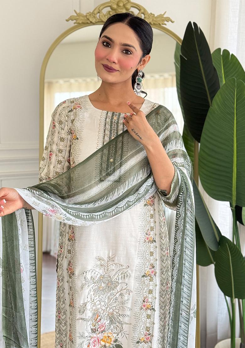 Off White Thread Work Viscose Salwar Kameez With Dupatta