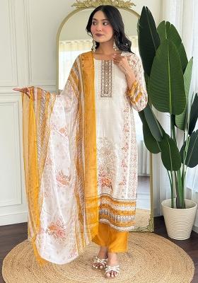 Off White Thread Work Viscose Salwar Kameez With Dupatta