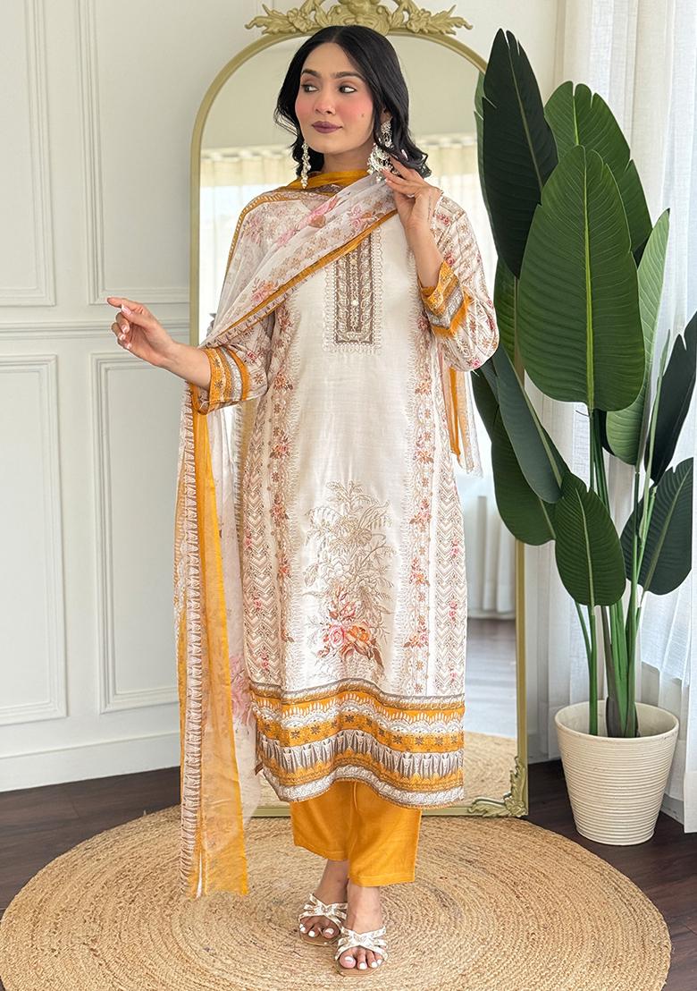 Off White Thread Work Viscose Salwar Kameez With Dupatta
