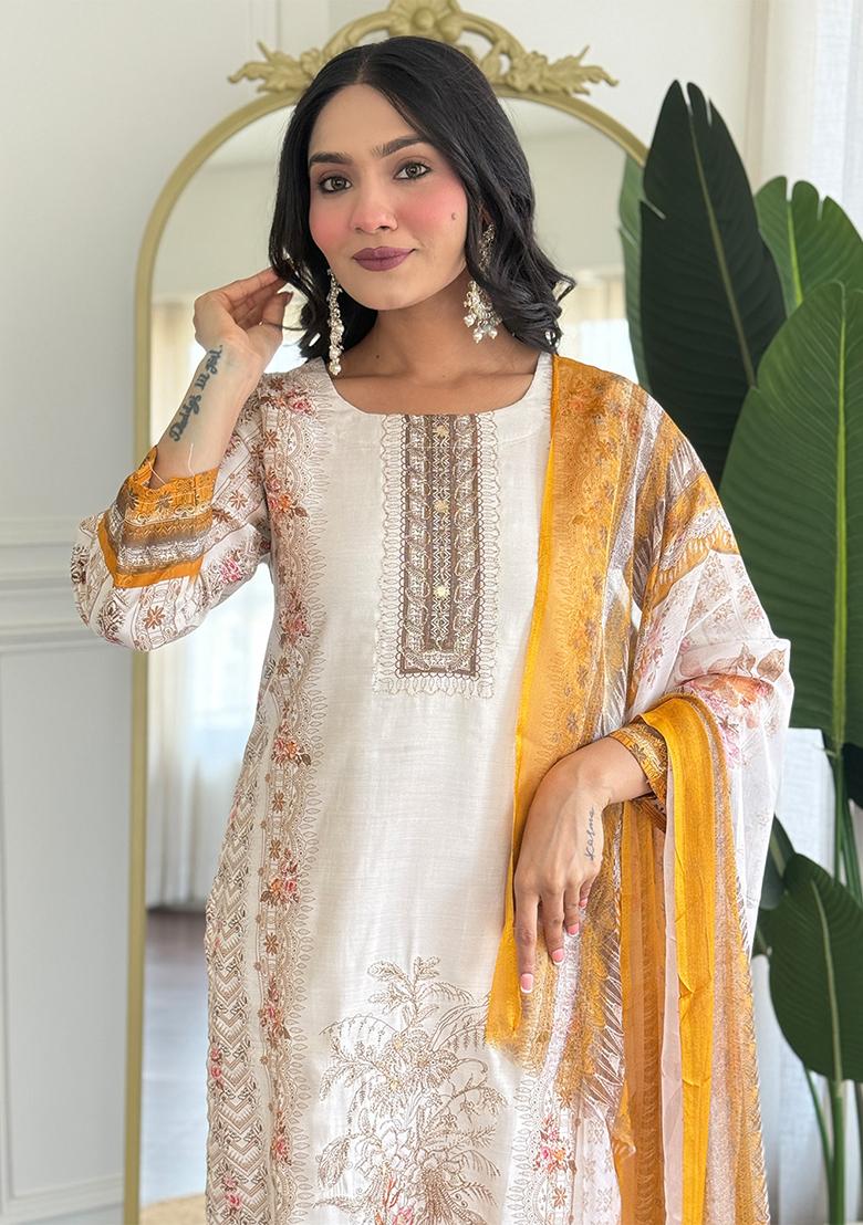 Off White Thread Work Viscose Salwar Kameez With Dupatta