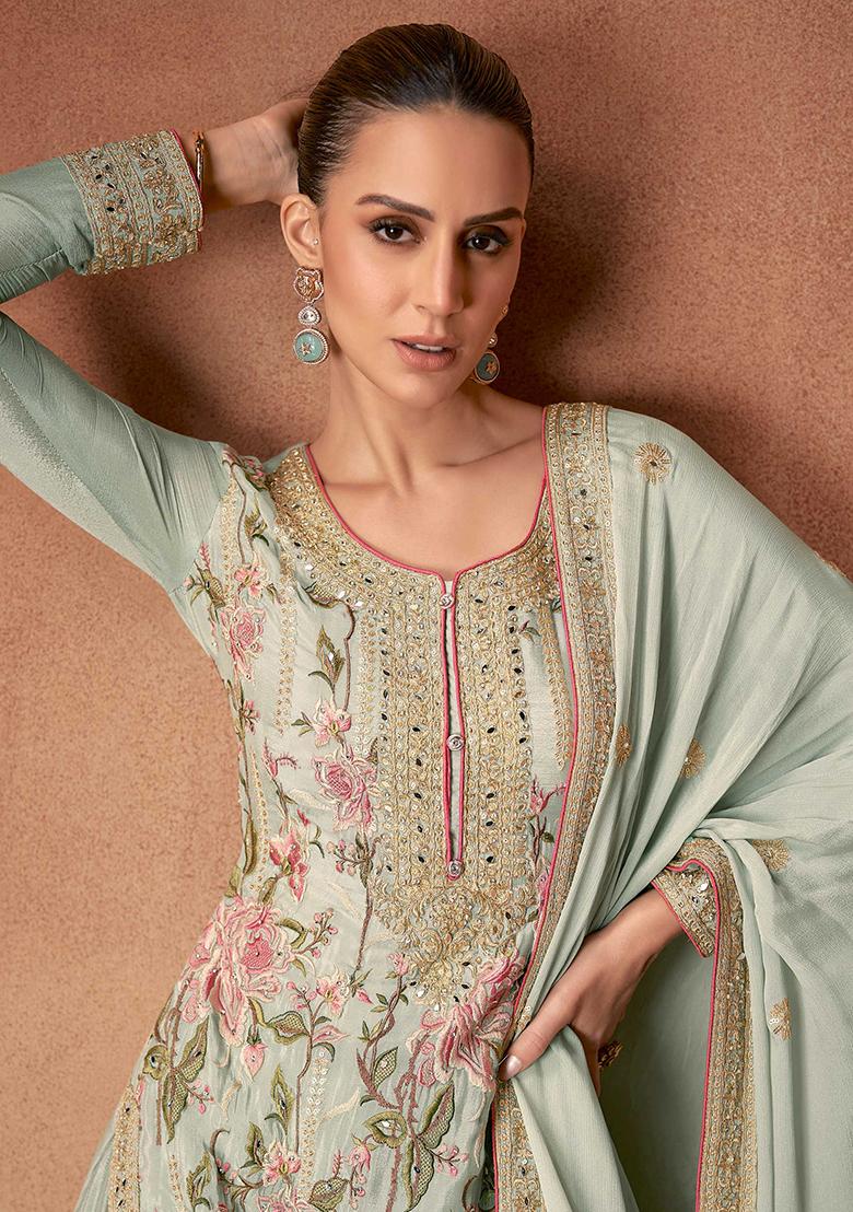 Grey Embroidered Chinon Salwar Kameez