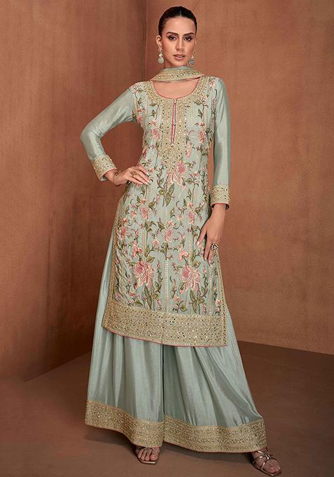Grey Embroidered Chinon Salwar Kameez