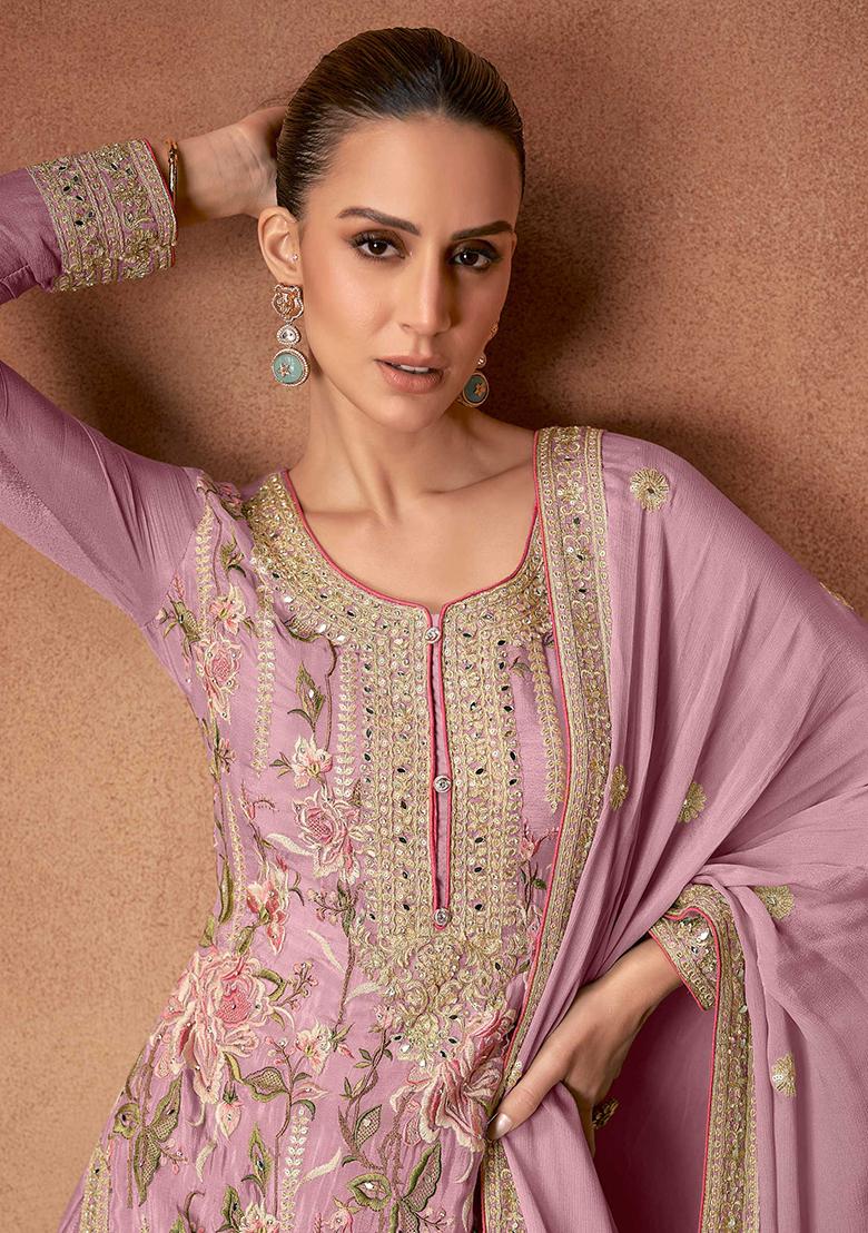 Light Mauve Embroidered Chinon Salwar Kameez