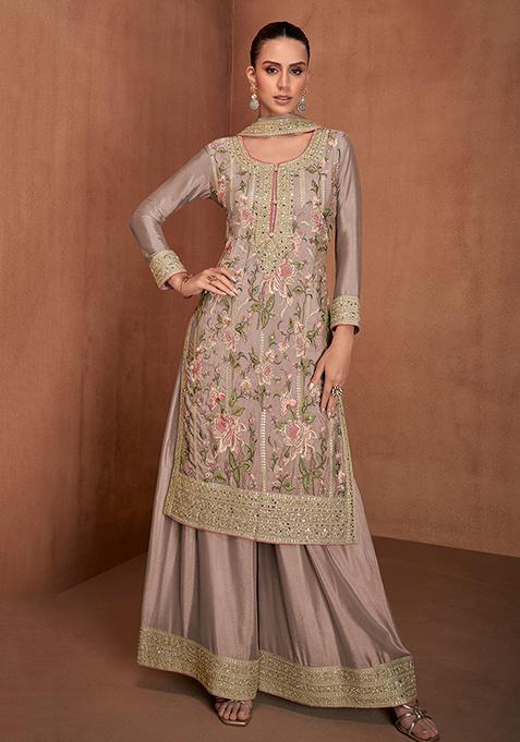 Rose Pink Embroidered Chinon Salwar Kameez