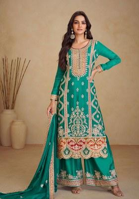 Teal Blue Embroidered Chinon Salwar Kameez