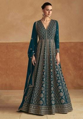 Teal Blue Embroidered Chinon Salwar Kameez