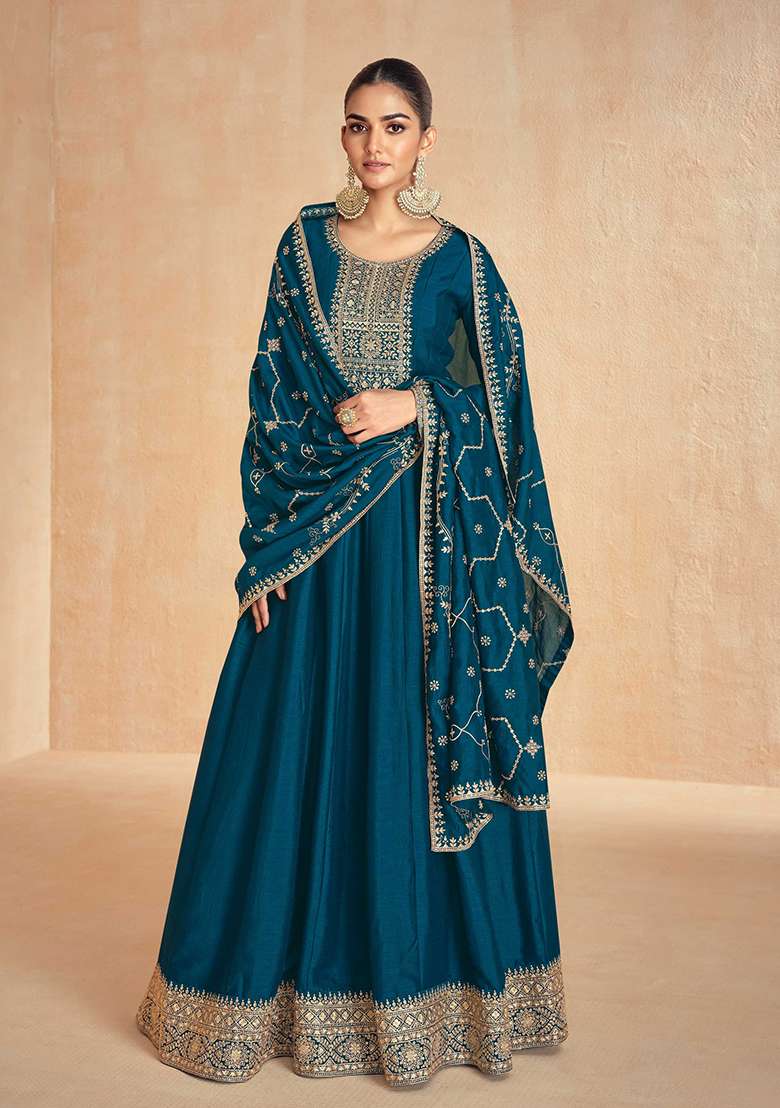 Teal Blue Embroidered Silk Salwar Kameez - Indya