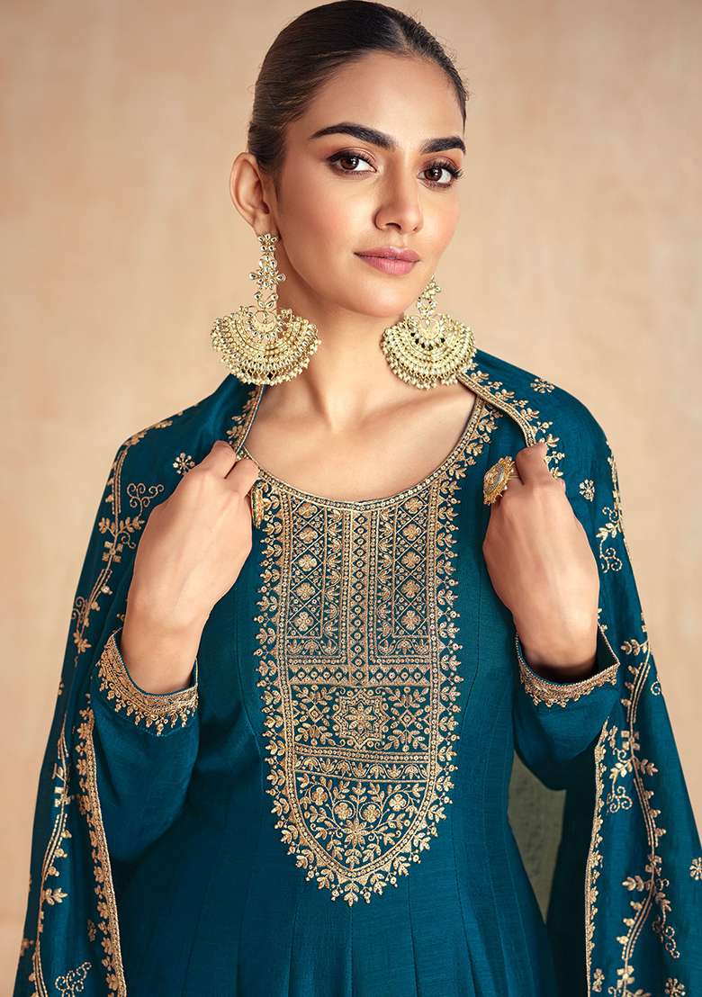 Teal Blue Embroidered Silk Salwar Kameez - Indya
