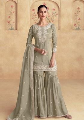 Dusty Green Embroidered Silk Salwar Kameez