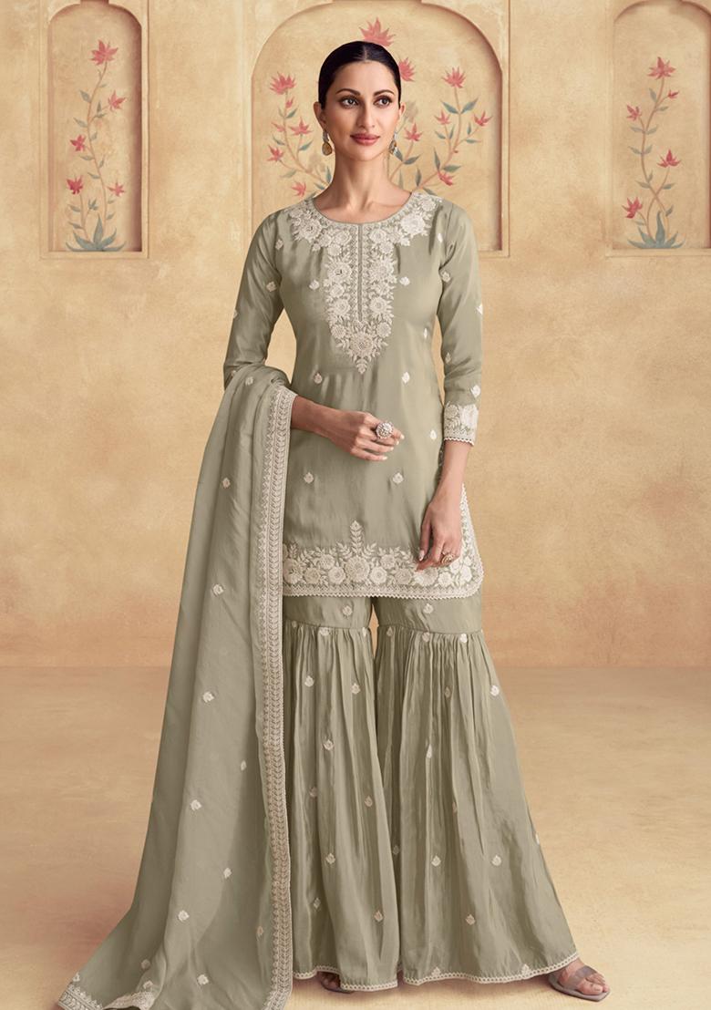 Dusty Green Embroidered Silk Salwar Kameez