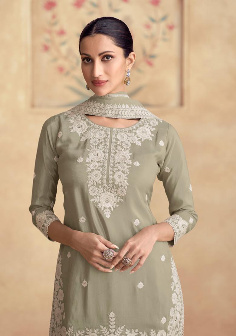 Dusty Green Embroidered Silk Salwar Kameez