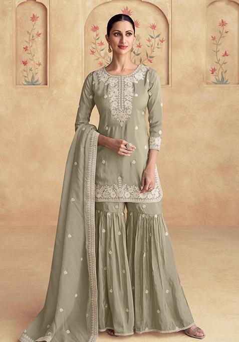 Dusty Green Embroidered Silk Salwar Kameez