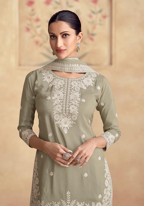 Dusty Green Embroidered Silk Salwar Kameez