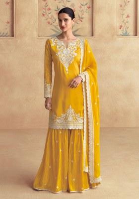 Mustard Yellow Embroidered Silk Sharara Set