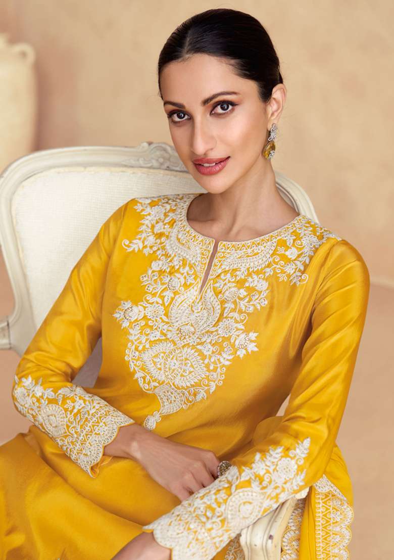 Mustard Yellow Embroidered Silk Blend Sharara Set - Indya