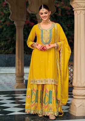 Mustard Yellow Embroidered Chinon Salwar Kameez