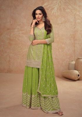 Lime Green Embroidered Chinon Salwar Kameez