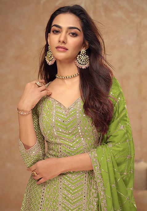 Lime Green Embroidered Chinon Salwar Kameez