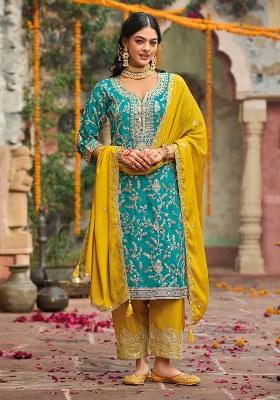 Turquoise Blue Embroidered Chinon Salwar Kameez