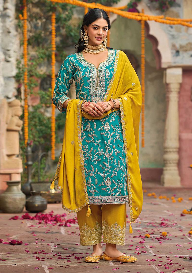 Turquoise Blue Embroidered Chinon Salwar Kameez