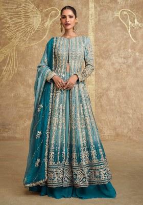 Teal Blue Embroidered Georgette Salwar Kameez