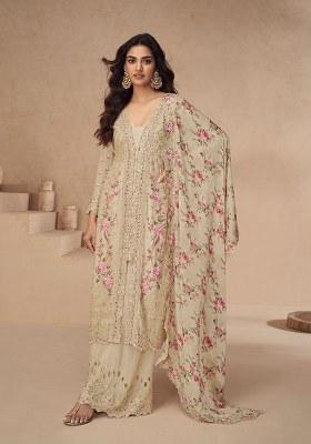 Beige Embroidered Silk Salwar Kameez