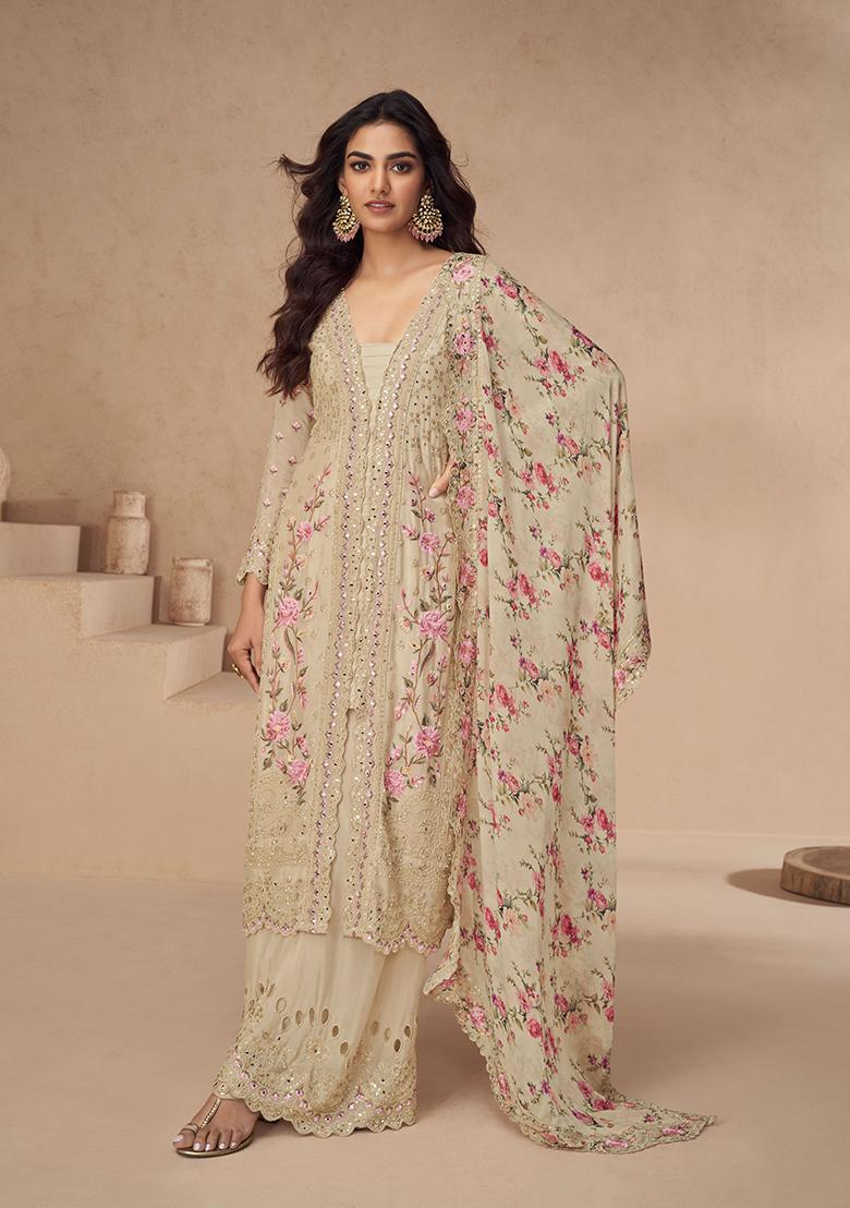 Beige Embroidered Silk Salwar Kameez