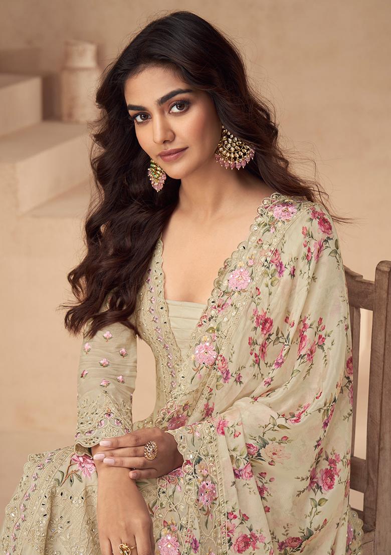 Beige Embroidered Silk Salwar Kameez