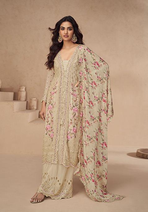 Beige Embroidered Silk Salwar Kameez
