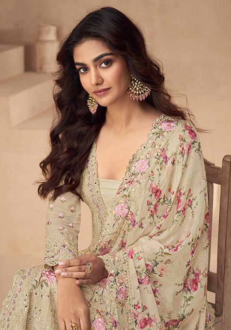 Beige Embroidered Silk Salwar Kameez