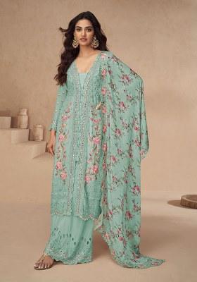 Sea Green Embroidered Silk Salwar Kameez