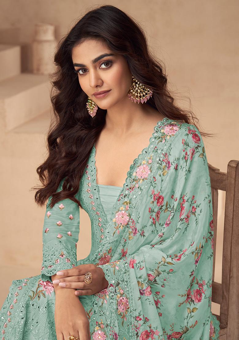 Sea Green Embroidered Silk Salwar Kameez